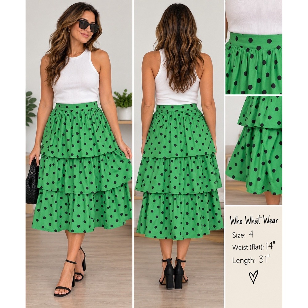Who What Wear Size 4 Green Black Polka Dot Tiered Midi Skirt Cottagecore